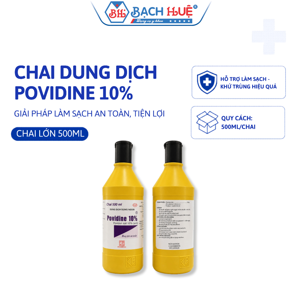 Chai Dung Dịch Povidine 10% Chai Lớn 500ml - Hỗ Trợ Làm Sạch Da, Vệ Sinh Đồ Dùng Tiện Lợi