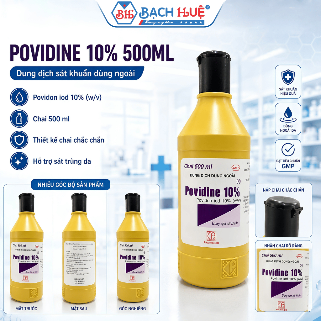 Chai Dung Dịch Povidine 10% Chai Lớn 500ml - Hỗ Trợ Làm Sạch Da, Vệ Sinh Đồ Dùng Tiện Lợi
