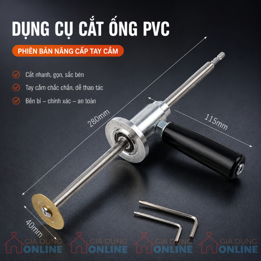 Đầu cắt ống nhựa PVC trong góc khuất gắn máy khoan vít, lưỡi tròn, có tay cầm, chuôi lục giác