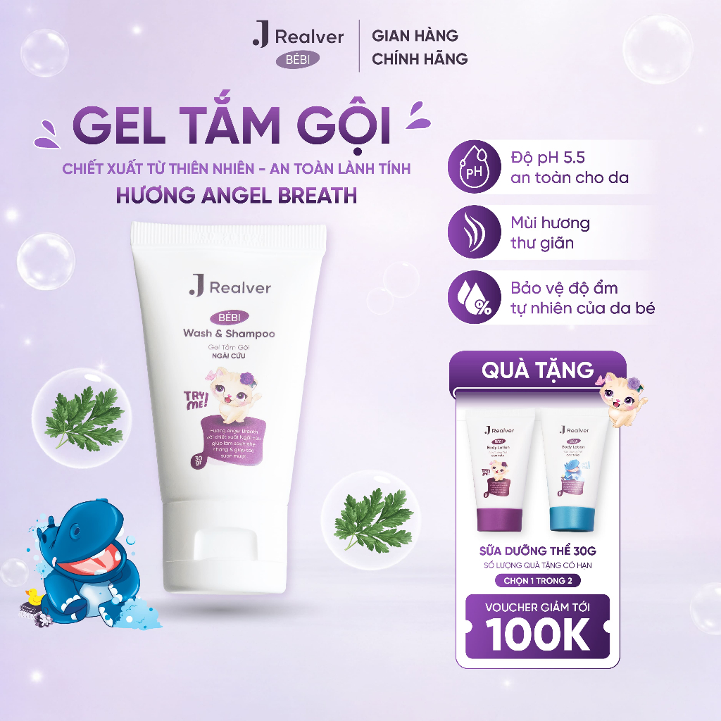 Gel tắm gội cho bé - BÉBI hương Angel Breath 30g - Chiết xuất Ngải cứu, làm sạch dịu nhẹ cho da bé