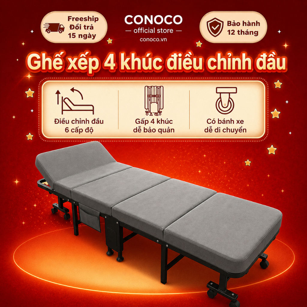 CONOCO Giường Gấp Văn Phòng Nệm Da Gấp 4 Có Bánh Xe Đầu Giường Chỉnh 6 Nấc Khung Thép Chịu Lực 300kg