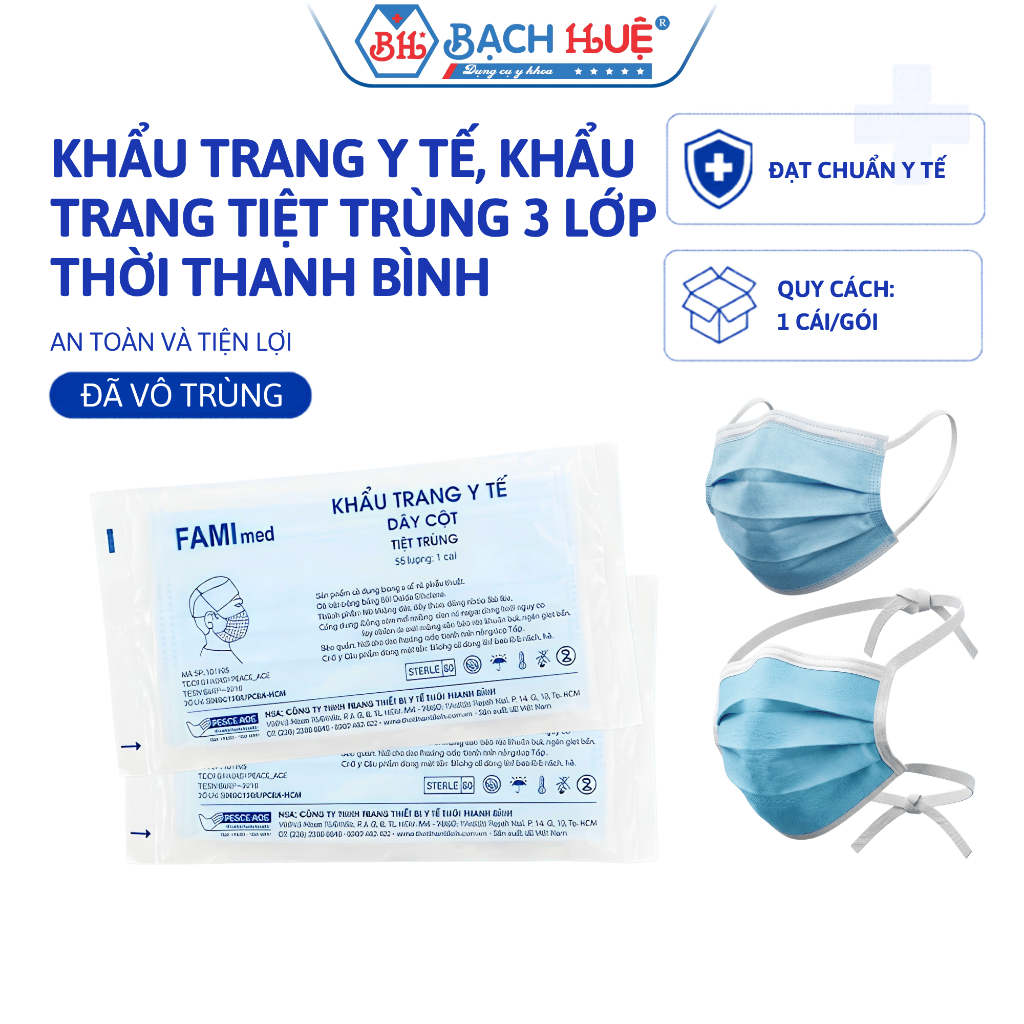 Khẩu Trang Dây Cột Thời Thanh Bình 3 Lớp Tiệt Trùng - Bịch 100 Cái Đóng Gói Riêng, Khẩu Trang Y Tế