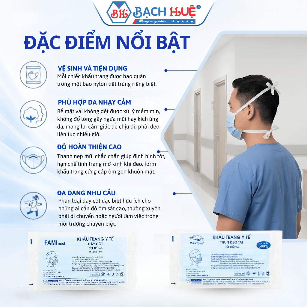 Khẩu Trang Dây Cột Thời Thanh Bình 3 Lớp Tiệt Trùng - Bịch 100 Cái Đóng Gói Riêng, Khẩu Trang Y Tế