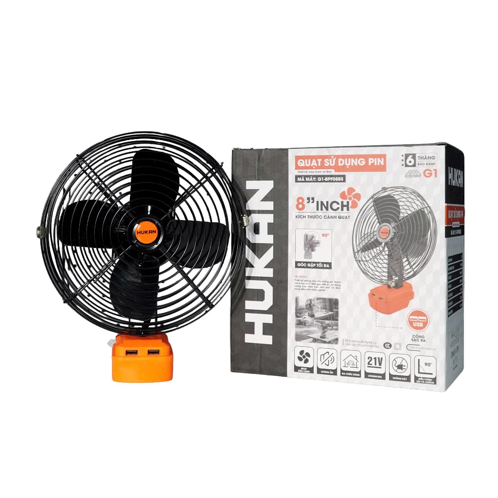 Thân Quạt HUKAN G1-BPF08BS | 21V- Cánh Quạt 8 INCH |  Góc Gập Lên Xuống 90° | Quạt Làm Mát Di Động Nhỏ Gọn, Tiện Lợi