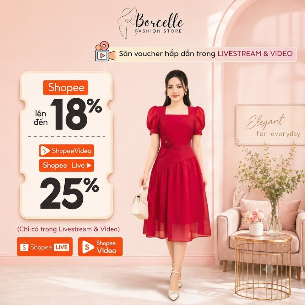 Váy Dự Tiệc Trung Niên Bigsize - Đầm Dự Tiệc Đi Ăn Cưới Thiết Kế Sang Trọng Cổ Vuông Tay Bồng Eo Đính Bông TK47