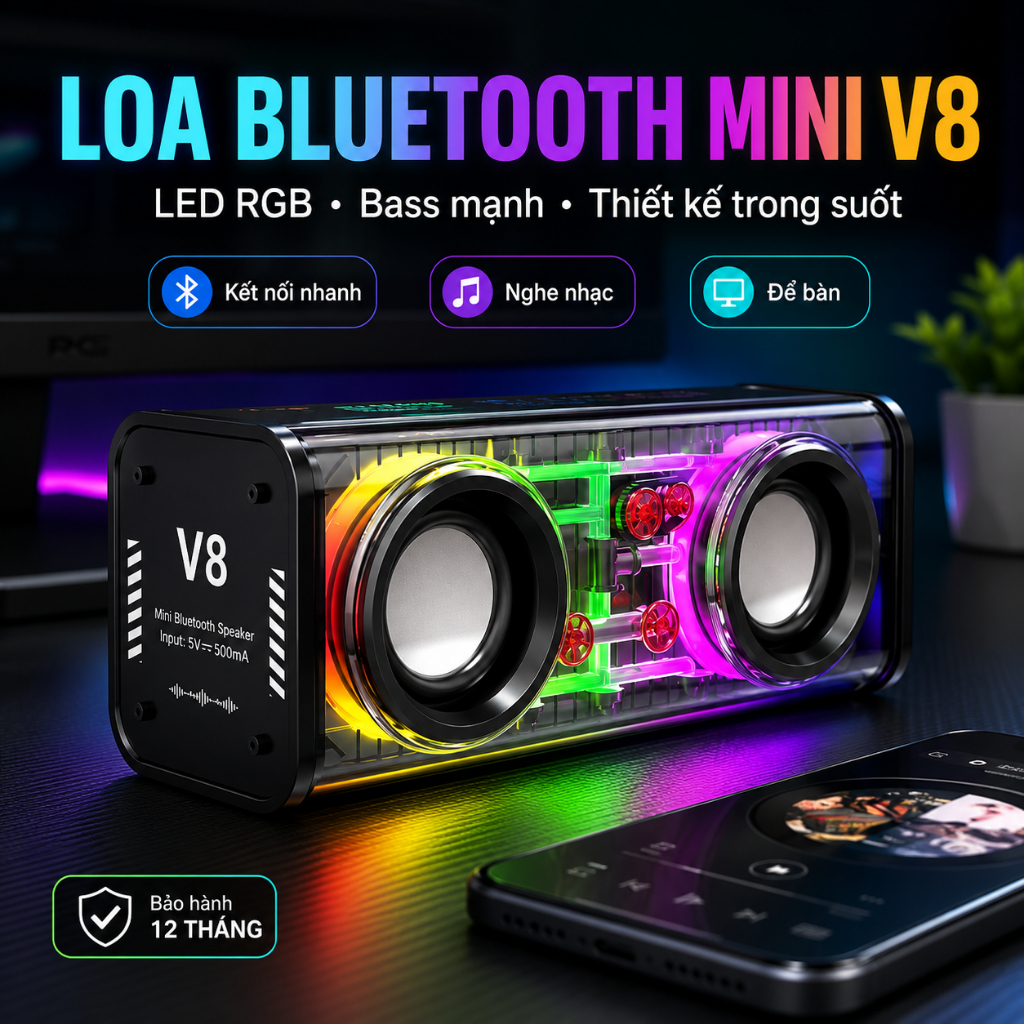 Loa Bluetooth Mini V8 LED RGB | Âm Thanh Sống Động | Bass Mạnh | Loa Nhỏ Gọn Để Bàn