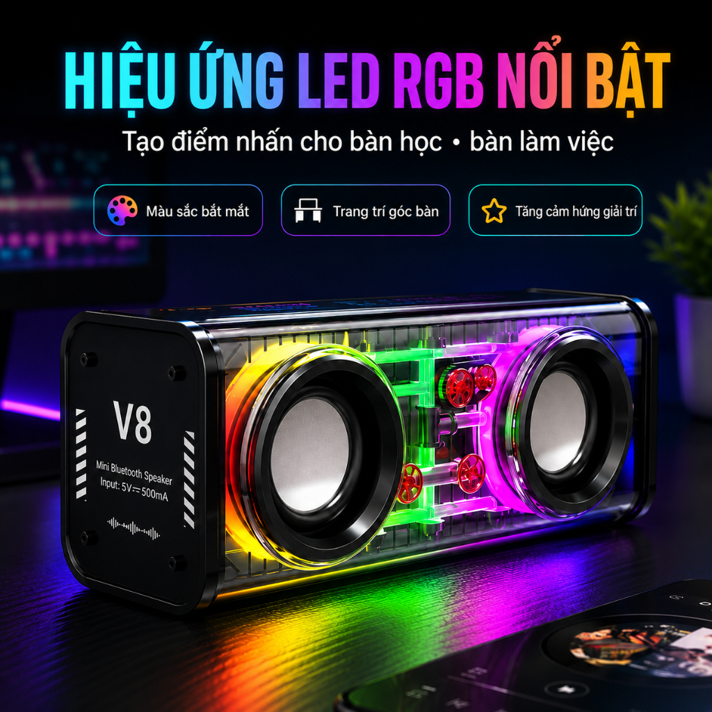 Loa Bluetooth Mini V8 LED RGB | Âm Thanh Sống Động | Bass Mạnh | Loa Nhỏ Gọn Để Bàn