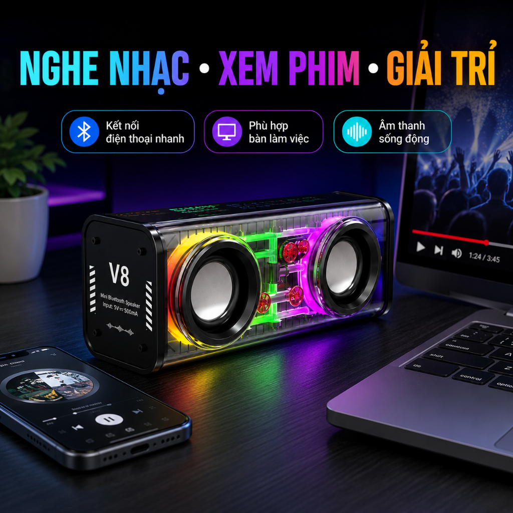 Loa Bluetooth Mini V8 LED RGB | Âm Thanh Sống Động | Bass Mạnh | Loa Nhỏ Gọn Để Bàn