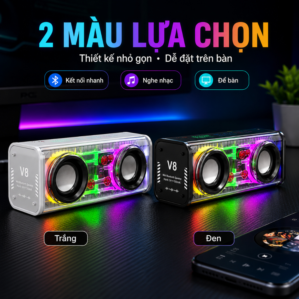 Loa Bluetooth Mini V8 LED RGB | Âm Thanh Sống Động | Bass Mạnh | Loa Nhỏ Gọn Để Bàn