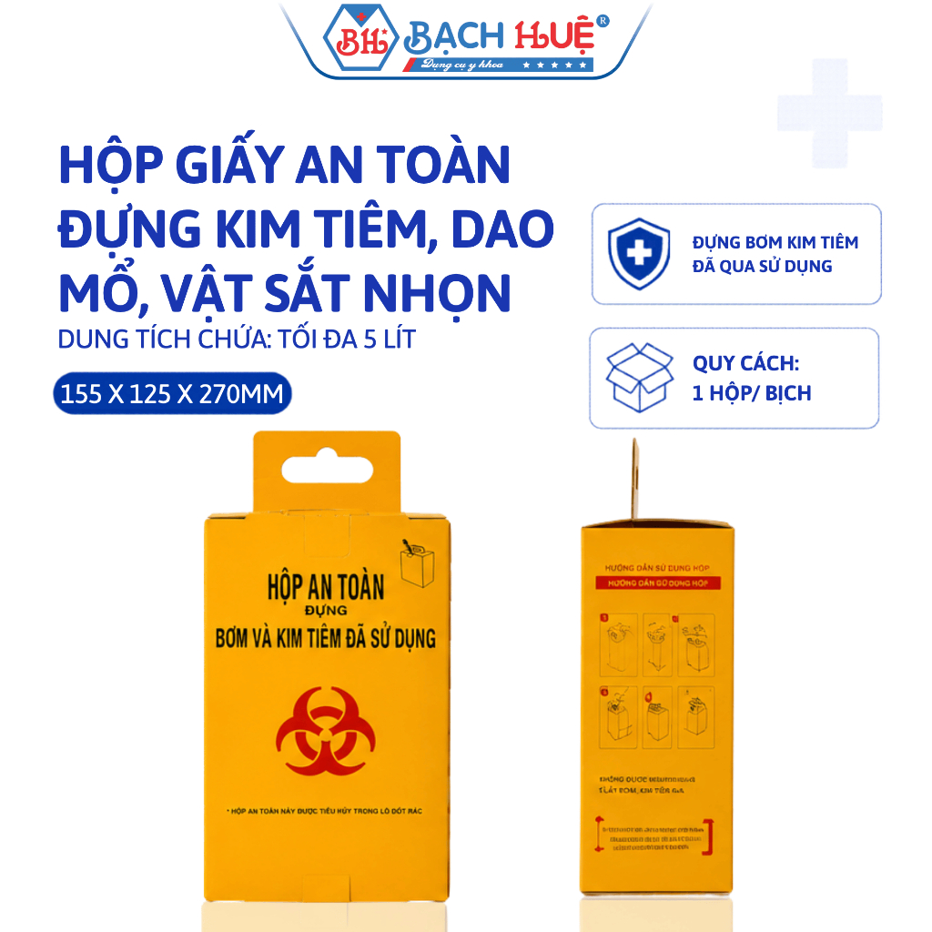 Hộp Giấy An Toàn Đựng Kim Tiêm, Dao Mổ, Vật Sắc Nhọn, Hộp Hủy Kim Giấy 5 lít