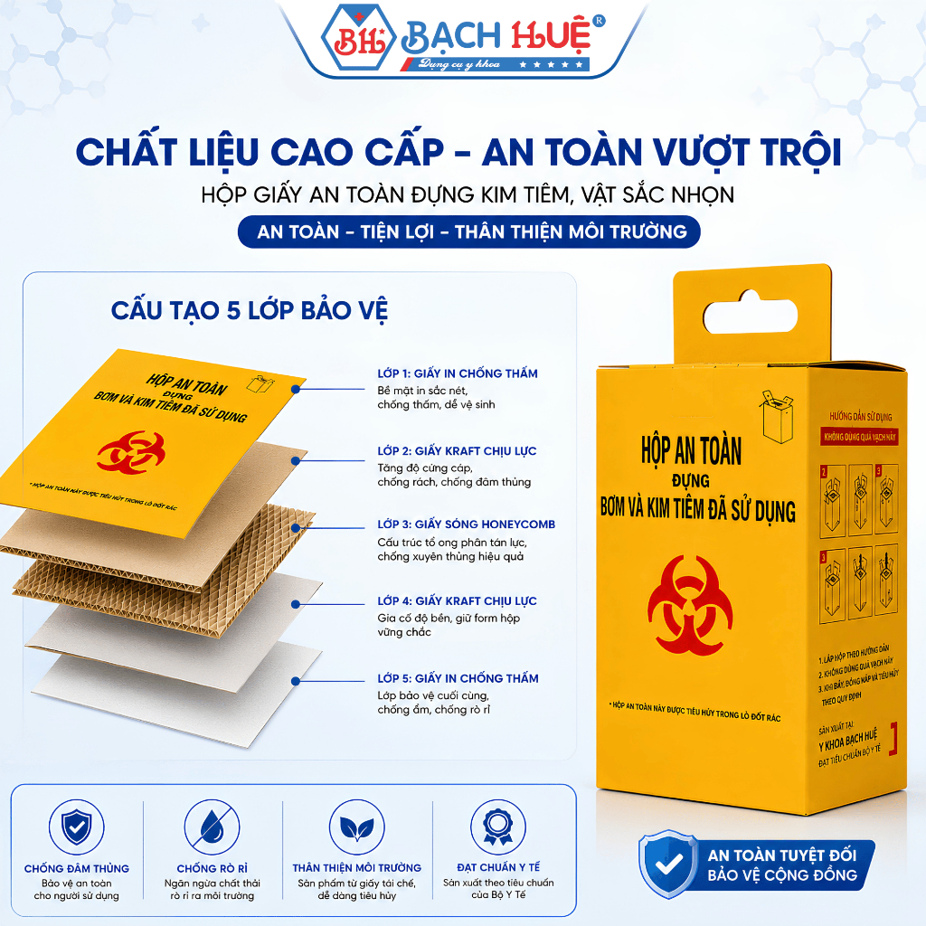 Hộp Giấy An Toàn Đựng Kim Tiêm, Dao Mổ, Vật Sắc Nhọn, Hộp Hủy Kim Giấy 5 lít