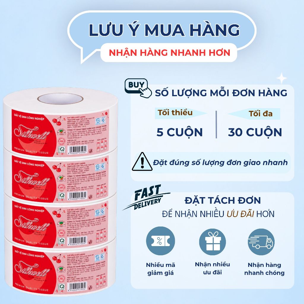 [HỎA TỐC 5 CUỘN] Giấy Vệ Sinh Công Nghiệp Silkwell, Giấy Vệ Sinh 700g/2 Lớp - Mềm Mịn Tan Trong Nước