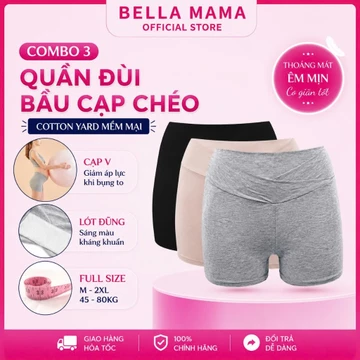 Combo 3 Quầu đùi bầu cạp chéo Bella Mama Quần bầu mặc trong váy cho mẹ bầu 2 in 1 chất liệu Cotton Yard - Combo QV2