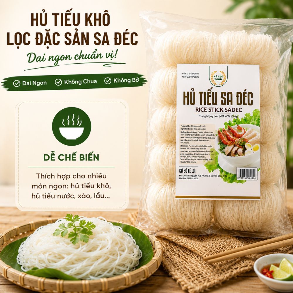 Hủ Tiếu Khô Sa Đéc Đặc Sản Loại 1 Gói 1Kg – Sợi Dai, Không Chua, Không Bở