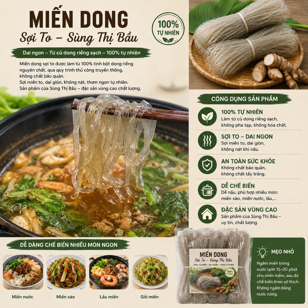 Miến Dong Sợi To Sùng Thị Bầu – Miến Dong Nguyên Chất, Dai Ngon, Không Nát