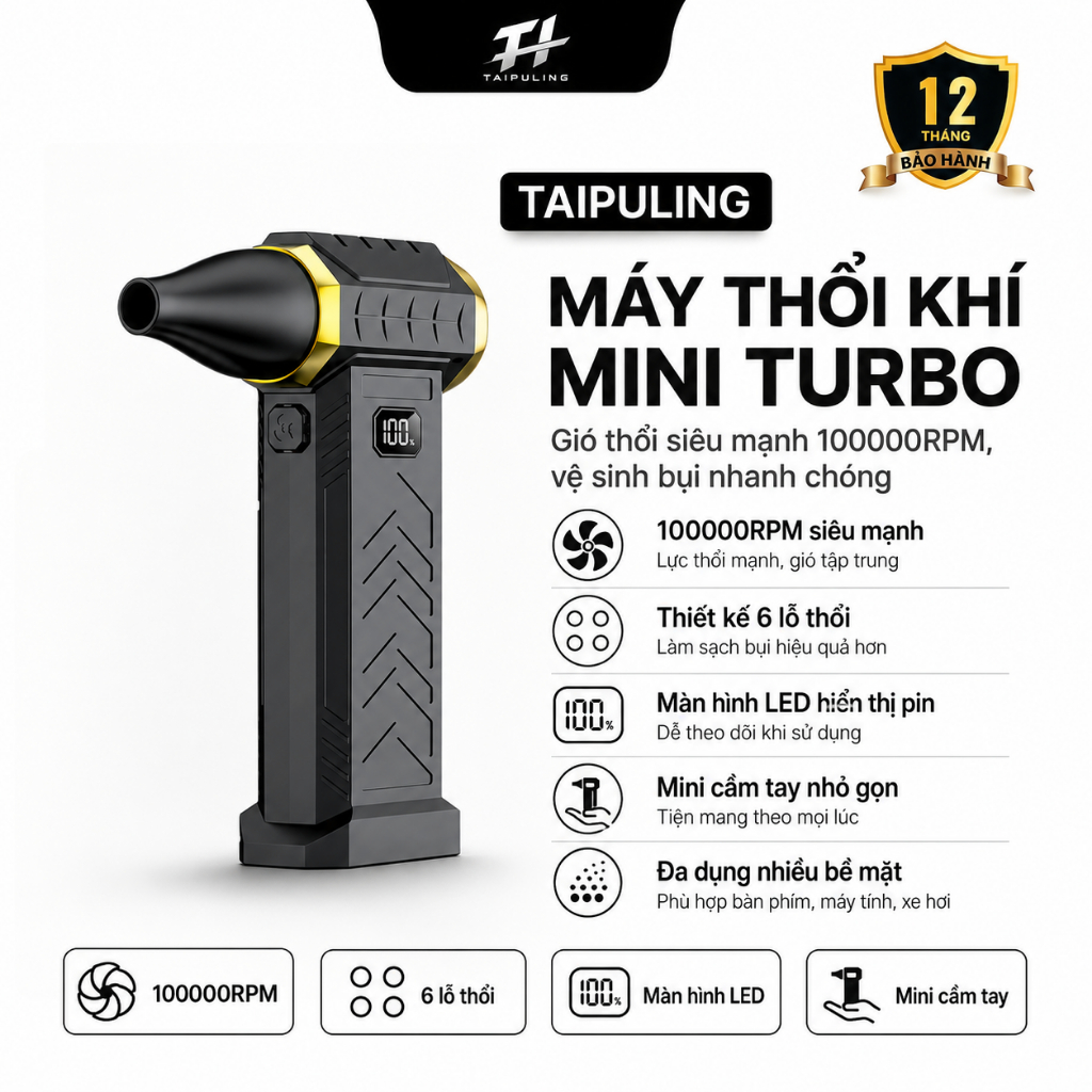 Máy Hút Bụi Cầm Tay 6 Đầu Hút Đa Năng, Động Cơ Turbo 100000RPM, Lực Hút Mạnh, Có Đèn LED