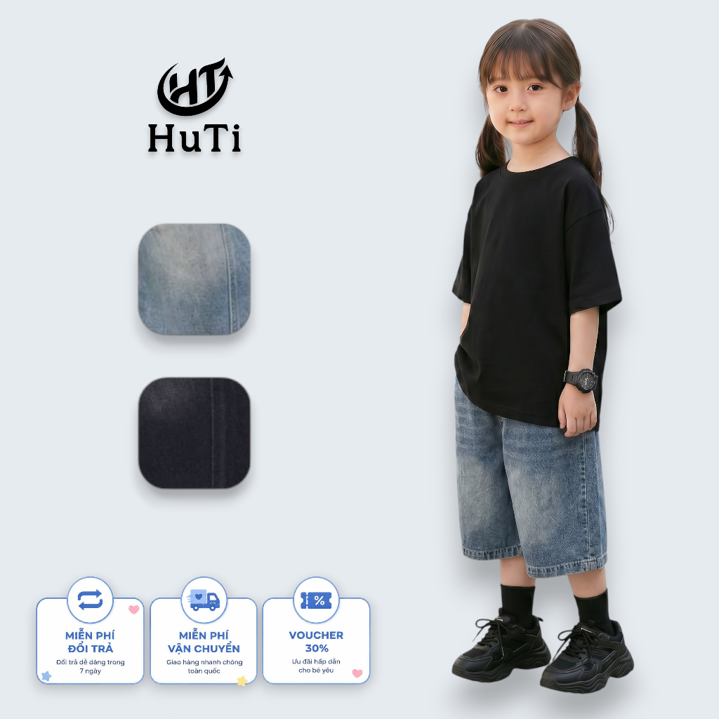 Quần Short Jeans Cho Bé HuTi Kids - Quần Đùi Lửng Chất Jean Mềm Mại, Thoải Mái, Đủ Size 80-140