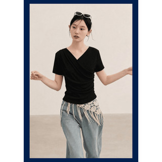 Áo Thun Nữ Cổ V Chéo Ôm Body, Xếp Ly Thời Trang Co Giãn 4 Chiều - TL 002