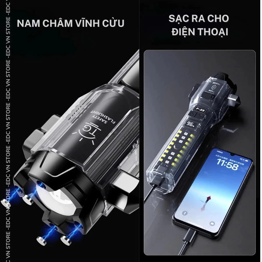 [BẢN CAO CẤP] Đèn Pin F35 LED Laser Siêu Sáng, Đèn Sinh Tồn Đa Năng Có Còi Báo Động, Cắt Dây & Phá Kính