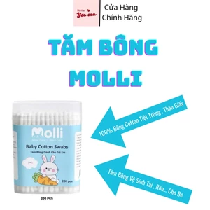 Tăm Bông Cho Bé Molli Tăm Bông Ngoáy Tai Hai Đầu Siêu Mềm Bông Tự Nhiên An Toàn Hộp 200C Dành Cho Bé