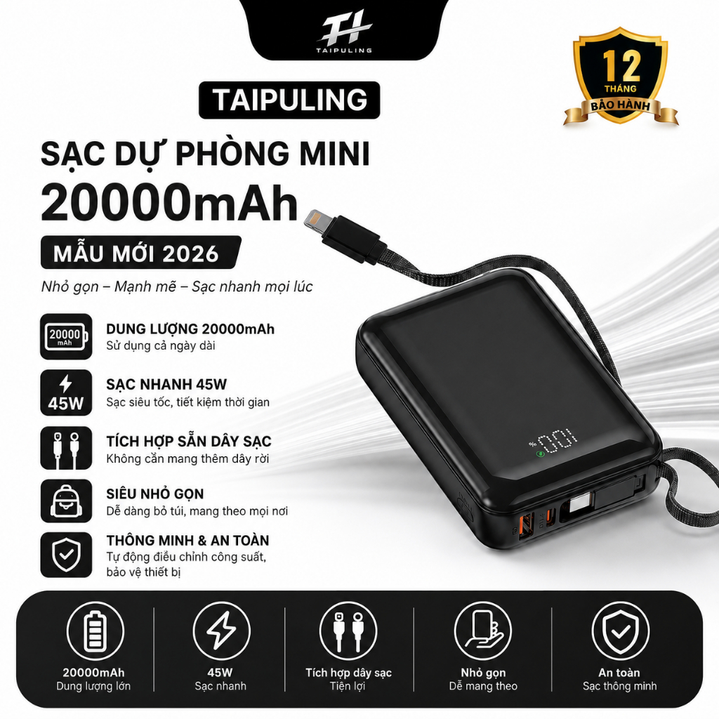 sạc dự phòng 2026 phiên bản mới dung lượng lớn 20000mAh, 45W mini nhỏ gọn tiện lợi,IP17 X212/X412