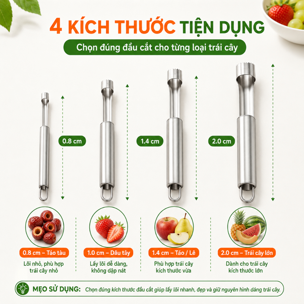 Bộ Dụng Cụ Tách Hạt, Lấy Lõi Trái Cây 4 Kích Cỡ | Inox | Dùng Cho Táo, Lê, Táo Tàu
