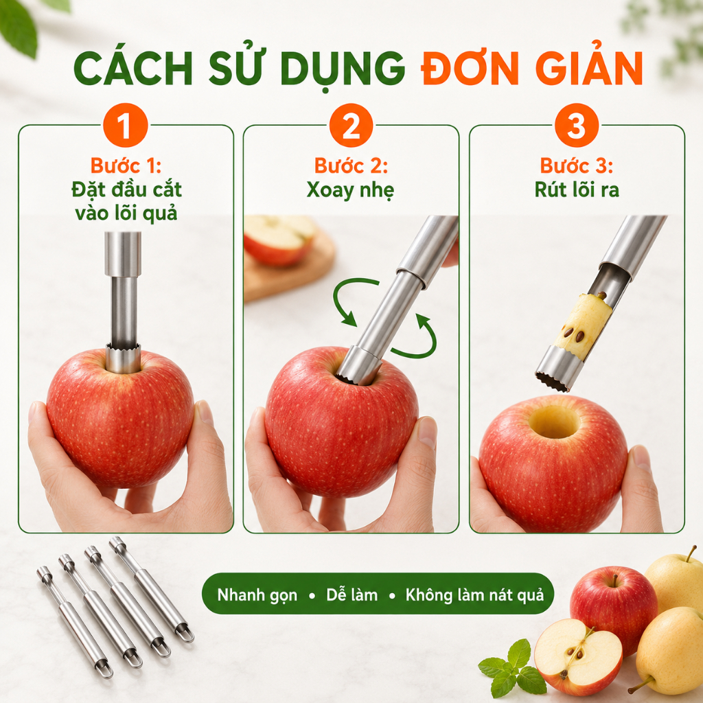Bộ Dụng Cụ Tách Hạt, Lấy Lõi Trái Cây 4 Kích Cỡ | Inox | Dùng Cho Táo, Lê, Táo Tàu