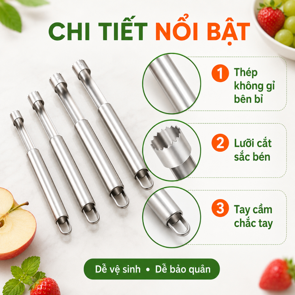 Bộ Dụng Cụ Tách Hạt, Lấy Lõi Trái Cây 4 Kích Cỡ | Inox | Dùng Cho Táo, Lê, Táo Tàu