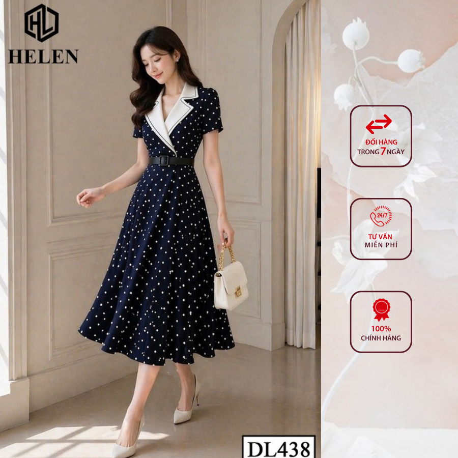 Đầm công sở HELEN thiết kế dáng xòe XANH CHẤM TRẮNG phối cổ vest trắng DL438