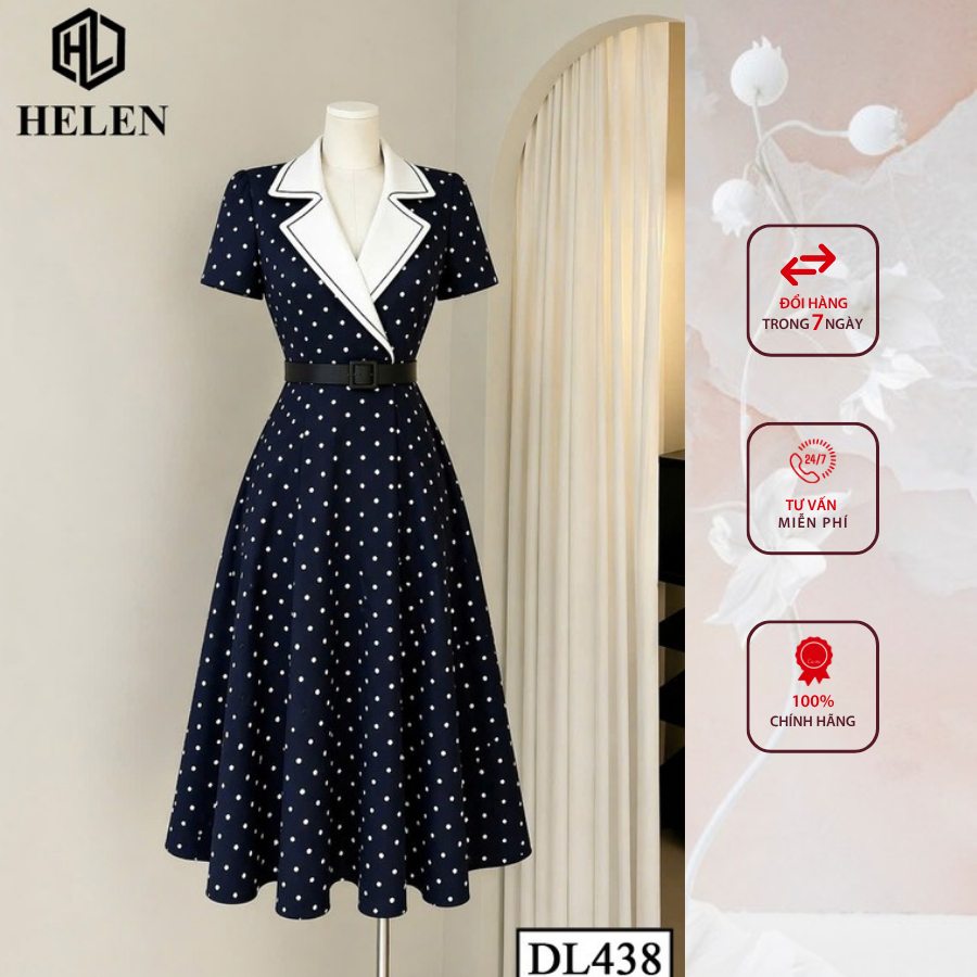 Đầm công sở HELEN thiết kế dáng xòe XANH CHẤM TRẮNG phối cổ vest trắng DL438
