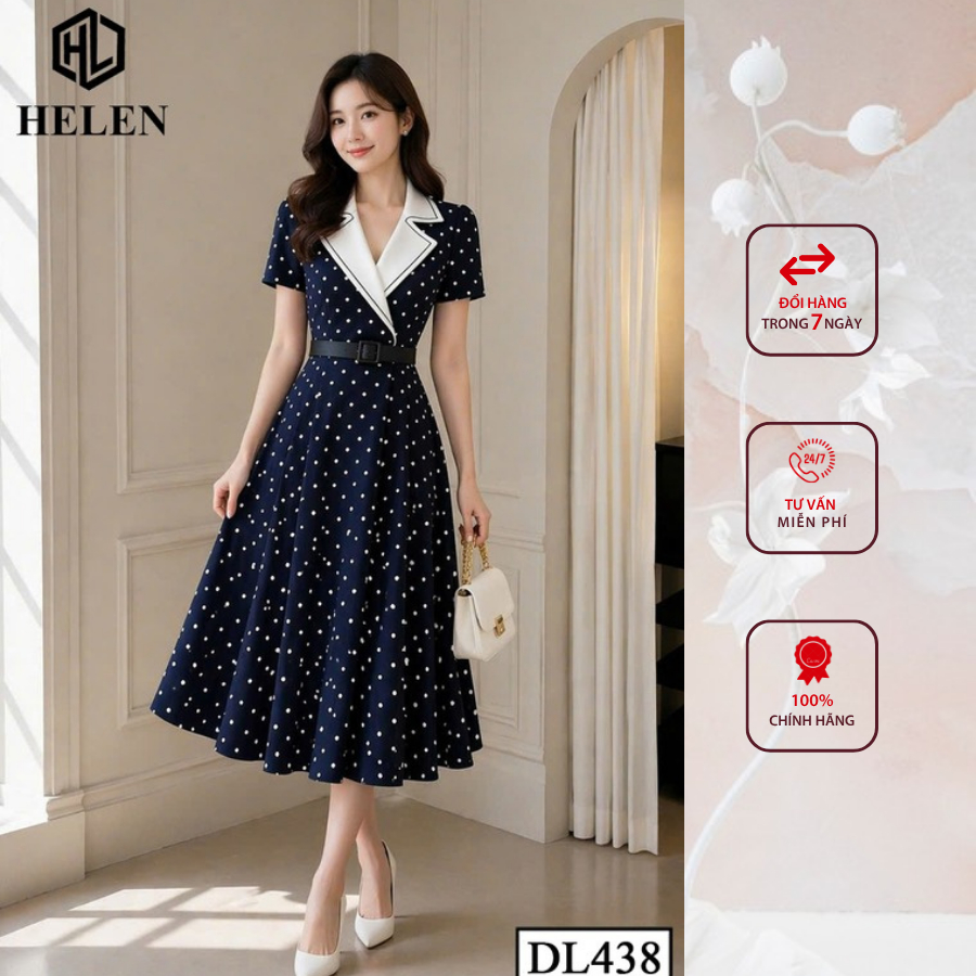 Đầm công sở HELEN thiết kế dáng xòe XANH CHẤM TRẮNG phối cổ vest trắng DL438