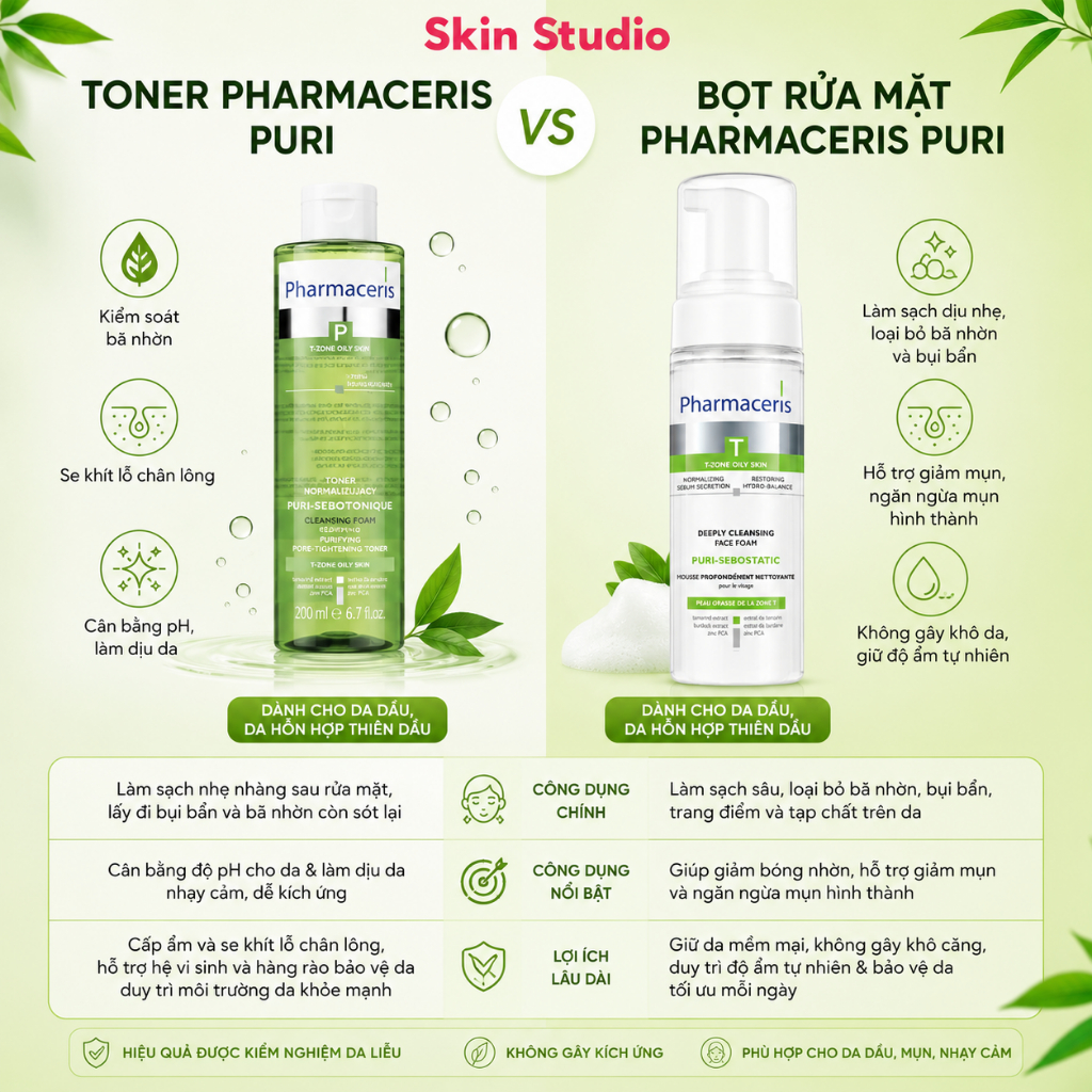 Bộ đôi Bọt rửa mặt và Toner cho da dầu mụn Pharmaceris PURI-SEBOSTATICS chai 150ml - Skin Studio