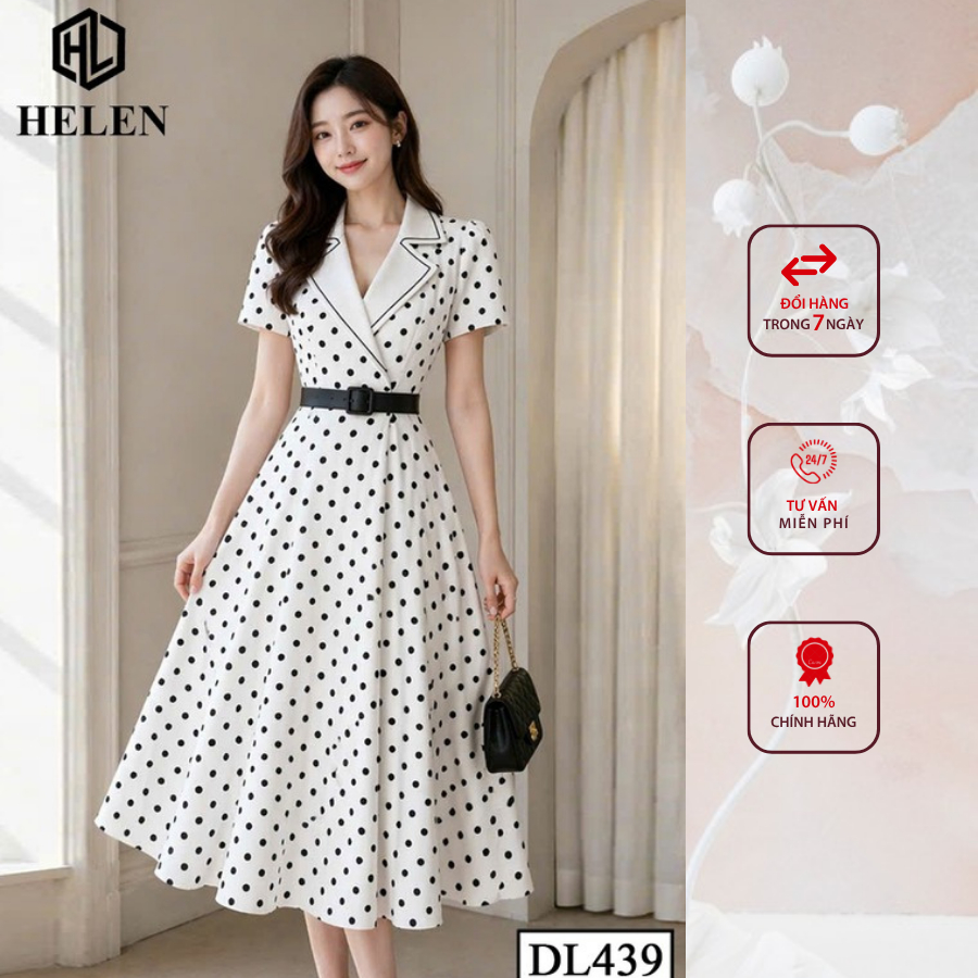 Đầm công sở HELEN thiết kế dáng xòe TRẮNG CHẤM ĐEN phối cổ vest trắng DL439