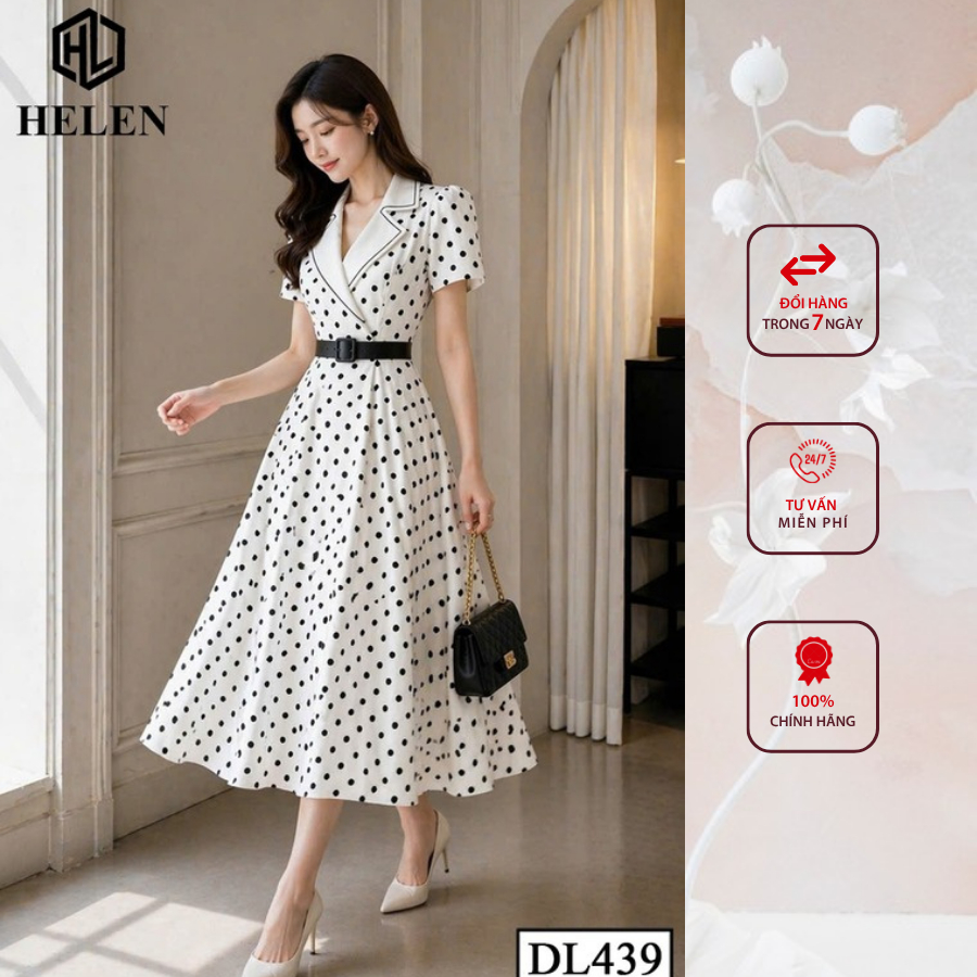 Đầm công sở HELEN thiết kế dáng xòe TRẮNG CHẤM ĐEN phối cổ vest trắng DL439