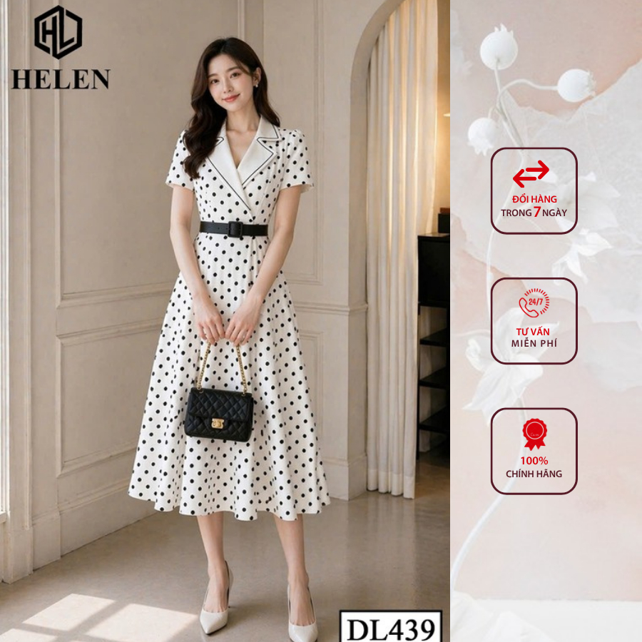 Đầm công sở HELEN thiết kế dáng xòe TRẮNG CHẤM ĐEN phối cổ vest trắng DL439