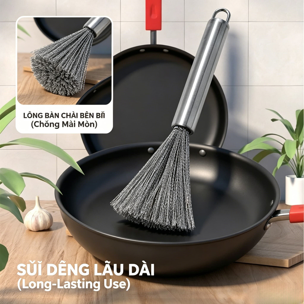 Chổi Cọ Nồi Inox 304 Có Tay Cầm Dài Dụng Cụ Rửa Xoong Chảo Đánh Bay Vết Bẩn Cứng Đầu Vệ Sinh Nhà Bếp