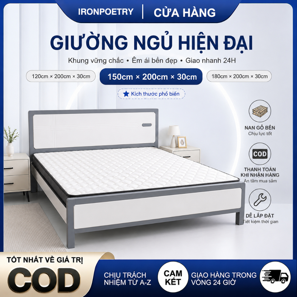 IRONPO Giường Ngủ Khung Gỗ Thông Chân Cao Gầm Thoáng Dễ Vệ Sinh Size 1m2 – 1m8x2m