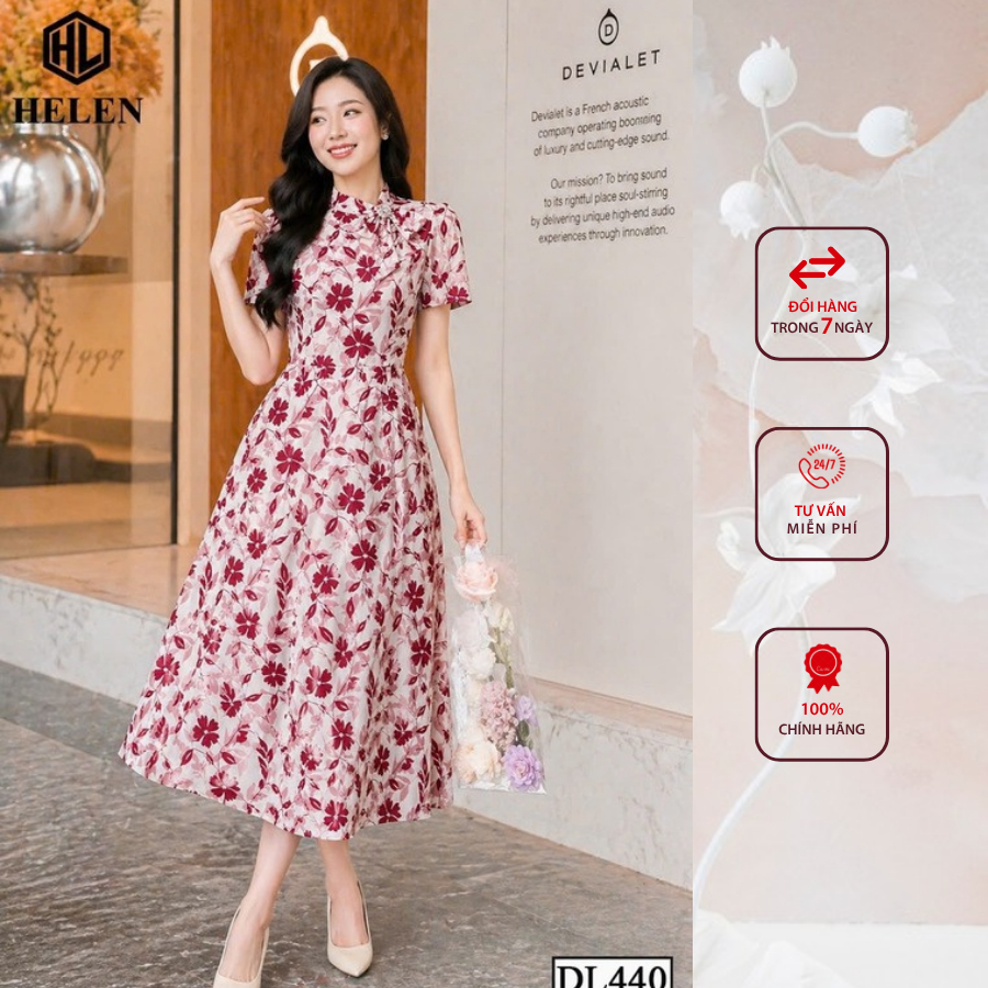 Đầm liền thân công sở HELEN thiết kế dáng xòe hoa đỏ cổ nơ lệch tay ngắn DL440