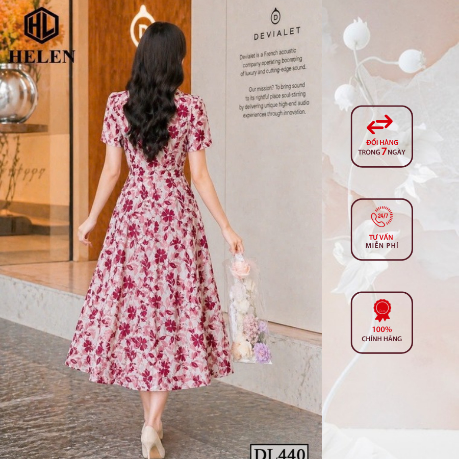 Đầm liền thân công sở HELEN thiết kế dáng xòe hoa đỏ cổ nơ lệch tay ngắn DL440