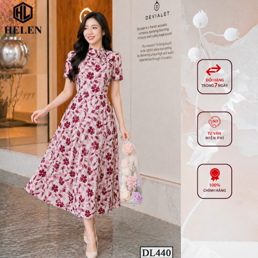 Đầm liền thân công sở HELEN thiết kế dáng xòe hoa đỏ cổ nơ lệch tay ngắn DL440