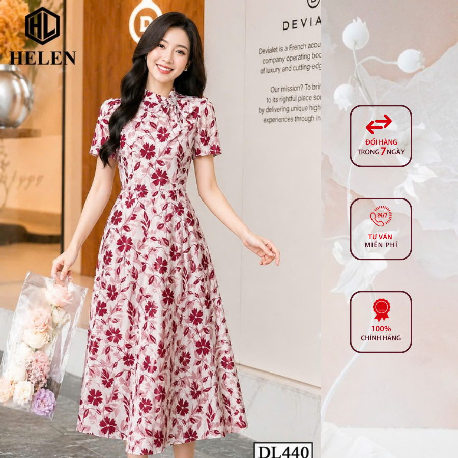 Đầm liền thân công sở HELEN thiết kế dáng xòe hoa đỏ cổ nơ lệch tay ngắn DL440