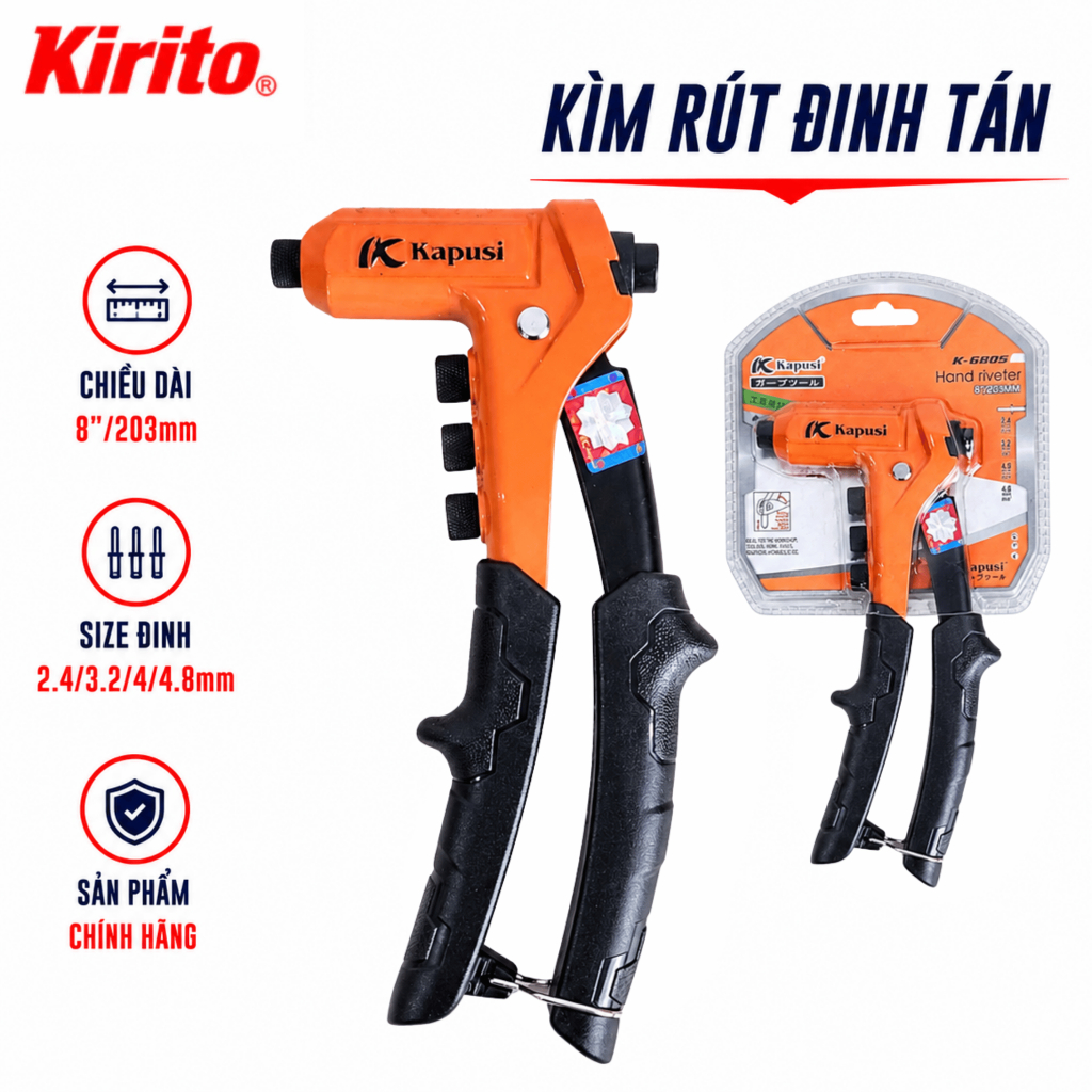 Kìm Rút Đinh Tán Kapusi K6805 Chính Hãng 8 Inch/203mm - Kìm Bấm Rive Đa Năng 2.4mm 3.2mm 4.0mm 4.8mm