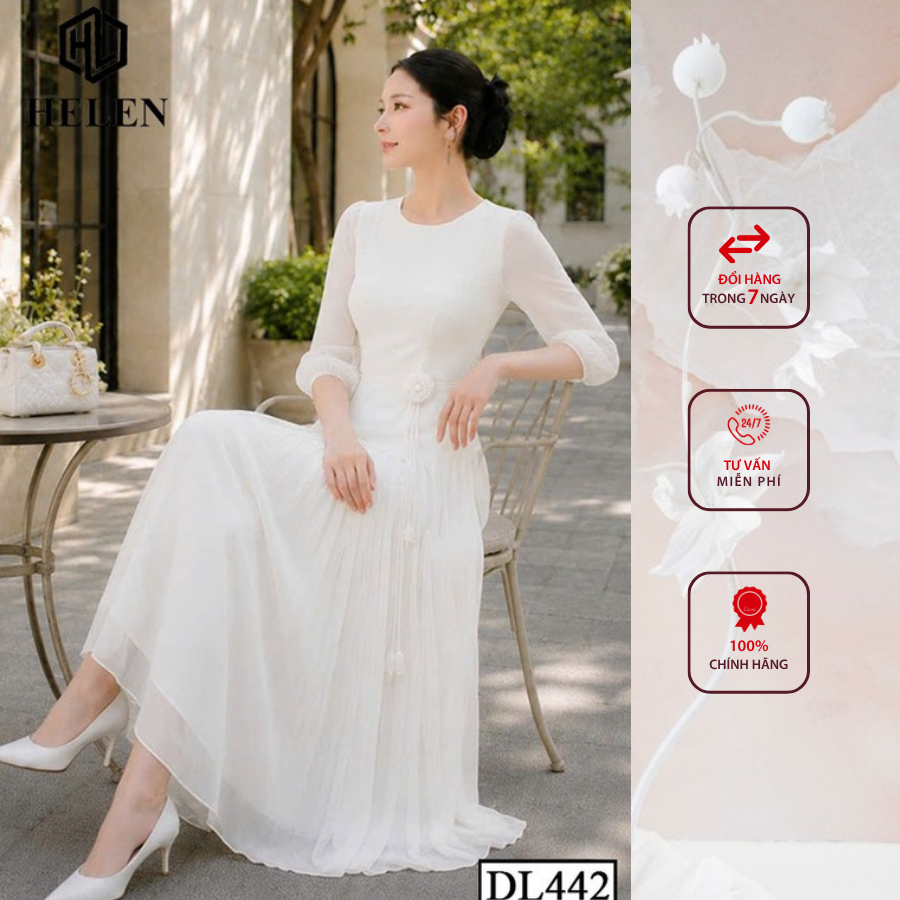 Đầm liền thân công sở HELEN thiết kế dáng xòe màu trắng đính hoa eo DL442