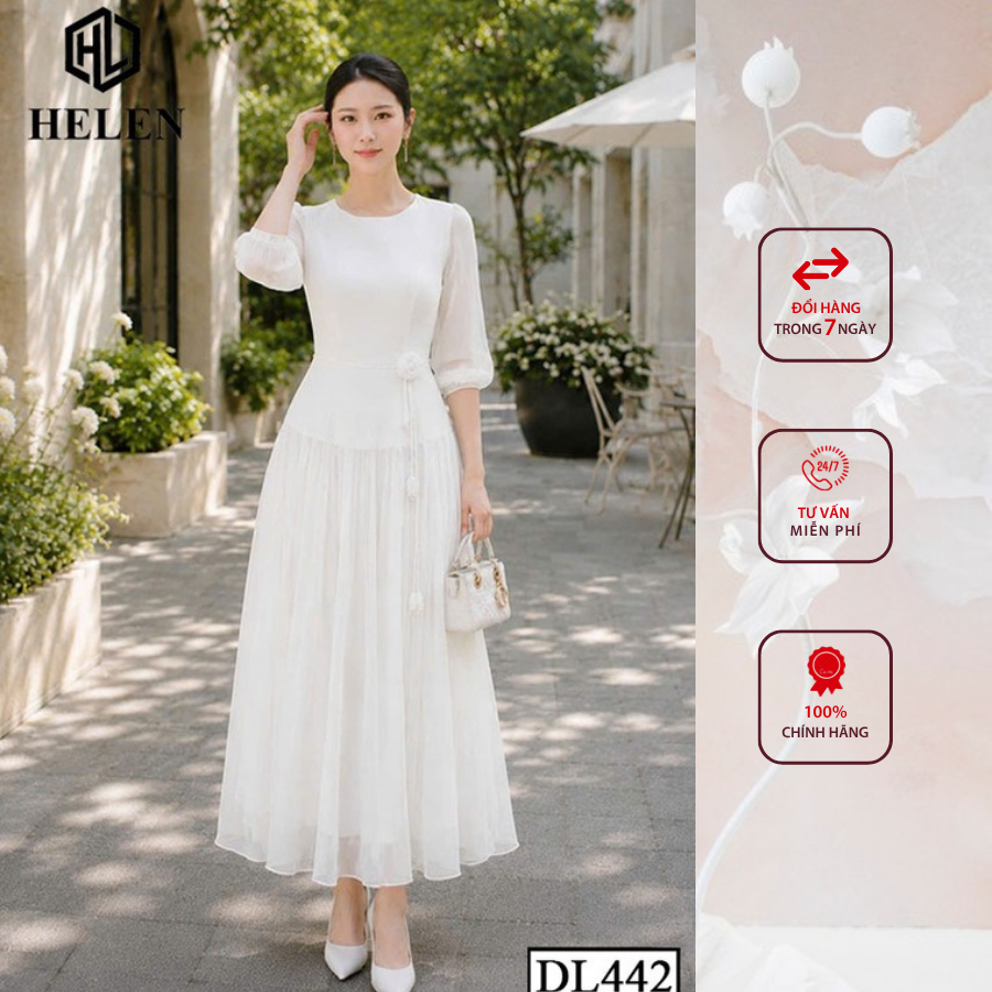 Đầm liền thân công sở HELEN thiết kế dáng xòe màu trắng đính hoa eo DL442