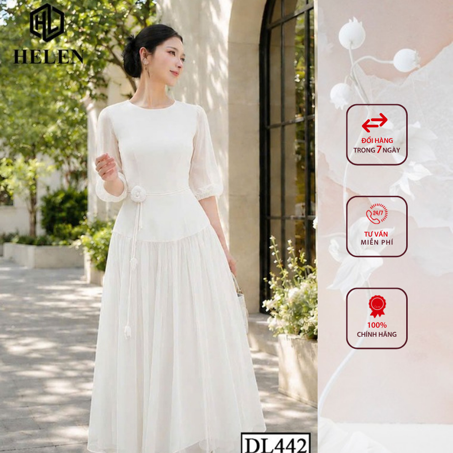 Đầm liền thân công sở HELEN thiết kế dáng xòe màu trắng đính hoa eo DL442