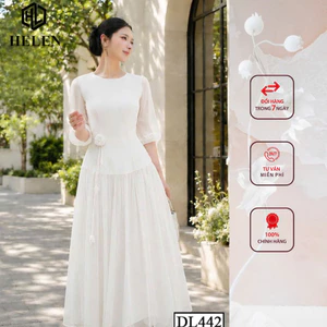 Đầm liền thân công sở HELEN thiết kế dáng xòe màu trắng đính hoa eo DL442