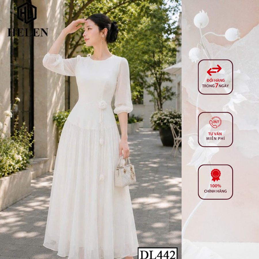 Đầm liền thân công sở HELEN thiết kế dáng xòe màu trắng đính hoa eo DL442