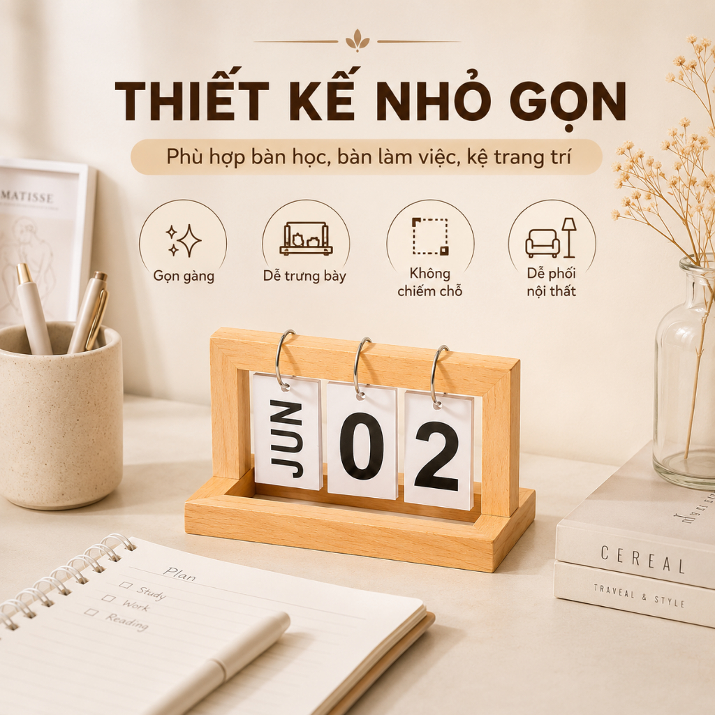 Lịch Để Bàn Lật Số Vĩnh Cửu Decor Vintage - Dùng Quanh Năm 3 Màu Gỗ Tự Nhiên Trắng Đen