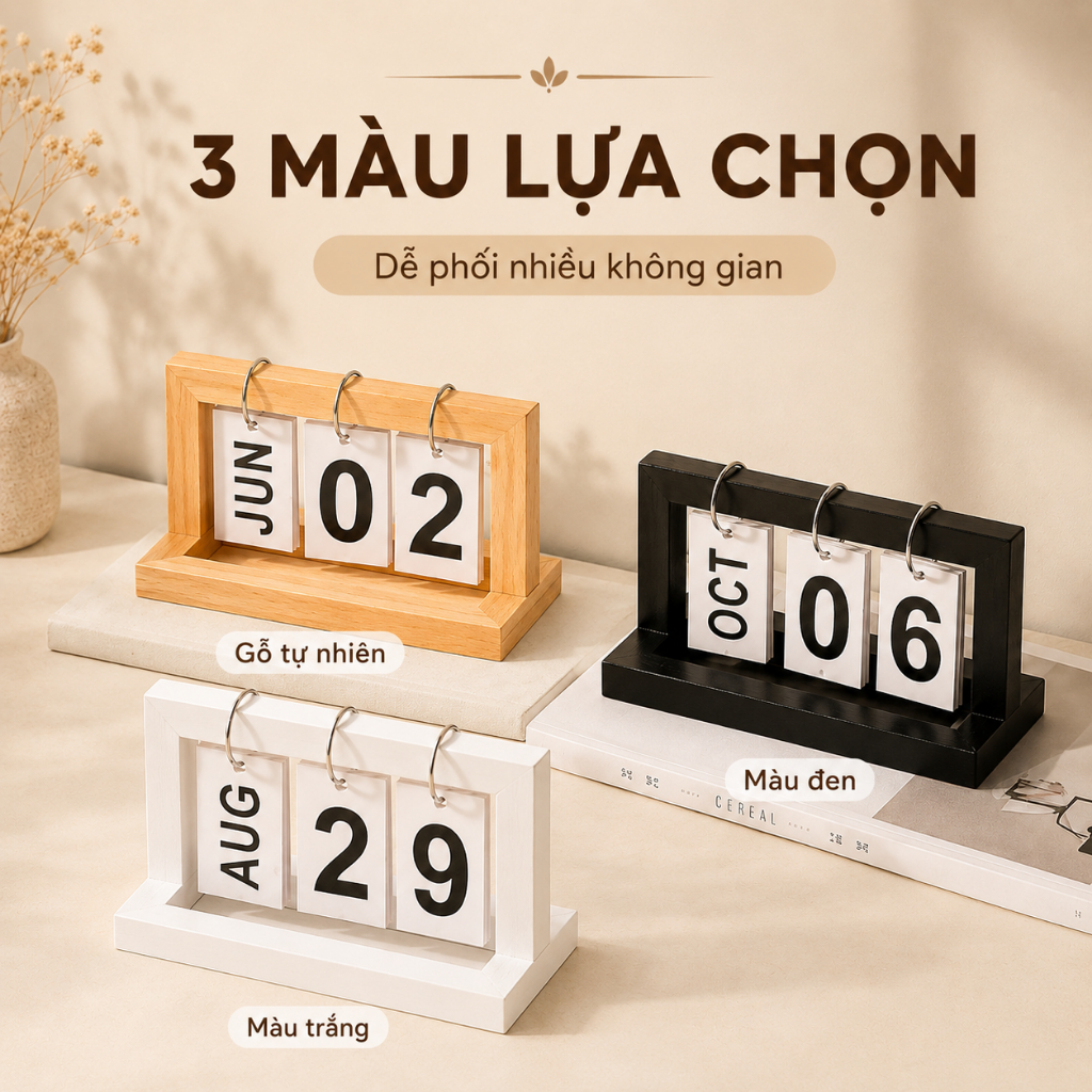 Lịch Để Bàn Lật Số Vĩnh Cửu Decor Vintage - Dùng Quanh Năm 3 Màu Gỗ Tự Nhiên Trắng Đen