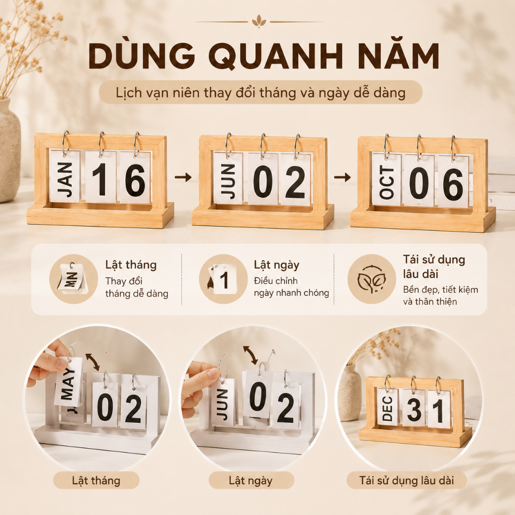 Lịch Để Bàn Lật Số Vĩnh Cửu Decor Vintage - Dùng Quanh Năm 3 Màu Gỗ Tự Nhiên Trắng Đen